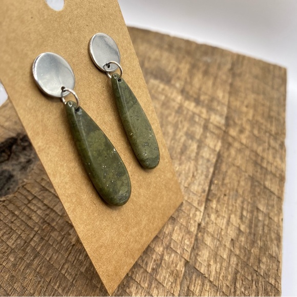 Mossy Green Hanging Teardrop Jasper Studded Back Earrings - Picture 5 of 5
